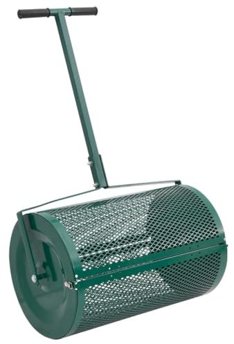 Sufrk Spandiconcime Verde Ø40x60 cm in Acciaio-Spandiconcime,Rullo da Giardino con Impugnatura Pratica Chiusure Laterali e Rete in Metallo per Concimazione e Semina,Rullo Spandiconcime per Prato Giard