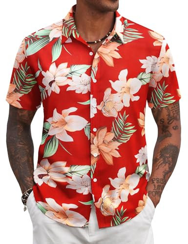 COOFANDY Hawaii Hemd Männer Blumen Hemden Herren Hemd Sommer Hawaiihemd Kurzarm Sommerhemd Herrenhemd Kurzarm Hawaii Outfit Kurzarmhemd Rot Rot & Blumenmuster L