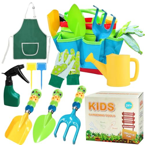 YORFULL 10PCS Kinder Gartenwerkzeug Set, Gartenset Kinder mit Schaufel, Rechen, Sprüher, Gießkanne, Schürze, Gartenhandschuhe und Tragetasche, Outdoor-Werkzeuge Kinder Gartengeräte Spielset