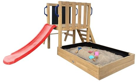 AXI Leah Torre gioco Mini per bambini in legno, scivolo rosso | Casetta da gioco compatta per giardino/sabbiera, cucina da gioco e lavagna | Giochi in legno da esterno