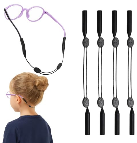 Horktrust Cordon Lunettes Enfant-Lot de 4 Cordons Élastiques Anti-Dérapants pour Lunettes - Réglables Enfants (Garçons/Filles) - Noir - Idéal Basketball, Sport & Activités Extérieures