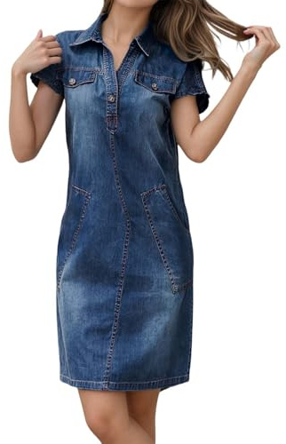 Abito da donna in jeans, stile coreano, scollo a V, a maniche corte, attillato, linea ad A, per il tempo libero, casual, alla moda, estivo