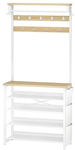 HOOBRO Coat Stand, Coat Rack with Shoe Storage, Hall Tree with Tiltable Mesh Shelves, 4 Removable Hooks, Side Storage Pocket, Shoe and Coat Rack for Hallway, Living Room, White and Natural EWN75MT01