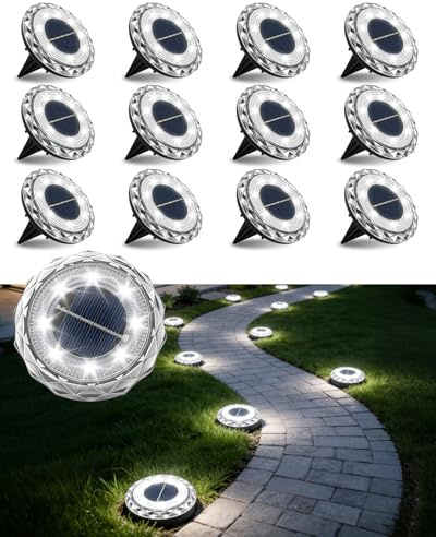 12 Pack Solar Ground Lights Outdoor, 8 LED Solar Disk Lights with 600mAh Battery, IP68 Waterproof, Auto On/Off, Solar Path Light for Lawn, Patio, Yard, Landscape & Walkway Lighting, Bright White
