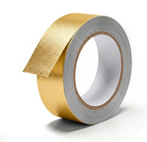 Rusoz Aluminium Foil Tape Gold Fibreglass Reinforced 30mm x 20m, Heat Resistant Tape Flame Retardant Self-Adhesive Foil Tape Vapour Barrier Silver Tape for Pipe Insulation HVAC Exhaust Repair