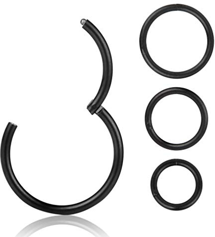 16G Black Surgical Stainless Steel Cartilage Earrings,Segment Hinged Seamless Eyebrow Eye Nose Septum Lip Hoop, 6mm 8mm 10mm 12mm 4 Pcs Clicker Ear Belly Button Hoop Piercing Ring Set Unisex