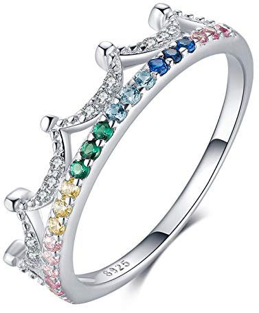 Qings 925 Sterling Silber Kronenring, Prinzessin Ehering mit Bunten Zirkonias Schmuck Geschenke für Mädchen Frauen Damen Geburtstag Verlobung