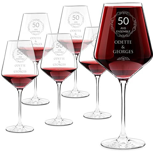 Maverton Set de 6 Verres à Vin en Cristal - Verre gravé 490 ml - Cadeau anniversaire pour chaque Couple - Verres Classiques pour parents - Cadeau personnalisé - Noces