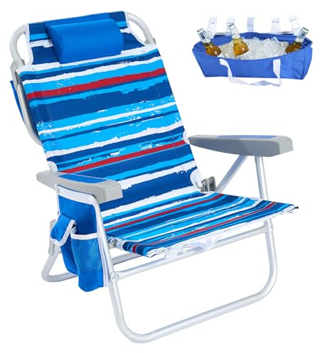 SUNNYFEEL Low Beach Chair 5 Position Lay Flat, Portable Folding Backpack Beach Chairs Heavy Duty with Cooler Bag, Cup Holder for Outdoor/Lawn/Picnic/Fishing, Foldable Camping Chair (New BlueStripe)