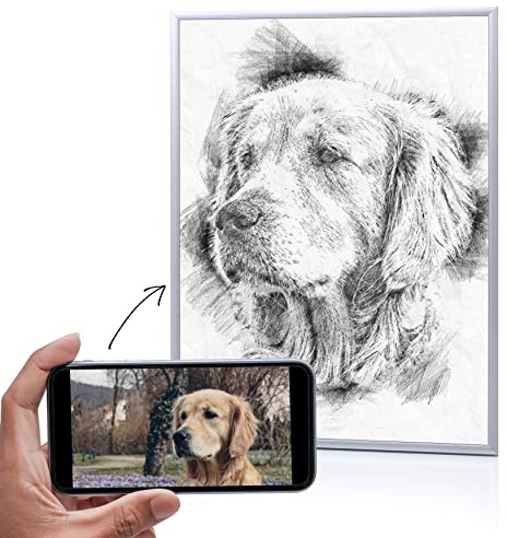 Dein Haustier als künstlerische Portrait Bleistiftzeichnung (digital Artwork), als Poster oder mit Rahmen aus Aluminium, personalisiert, Fine Art Print - Fotogeschenk ideal für Hund und Katze