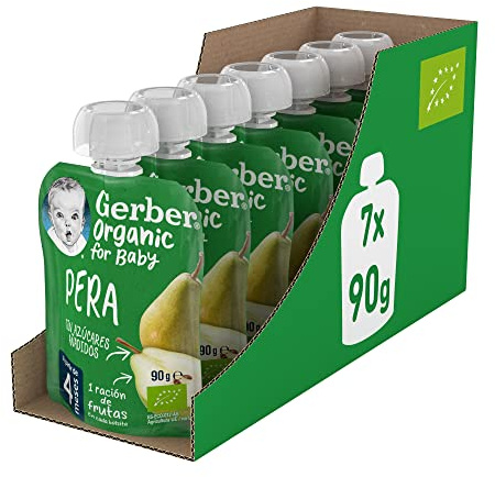 GERBER Organic Pera, Bolsita Puré de Fruta para Bebés, 7x90g a partir de 4 meses