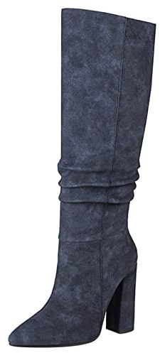 Lroey Reoly Bottes Mi-Mollet à Talon Bloc Femme, Bottes Habillées Talons Hauts Pointu Bottes de Fête A Enfiler 214 Bleu Taille 41 EU