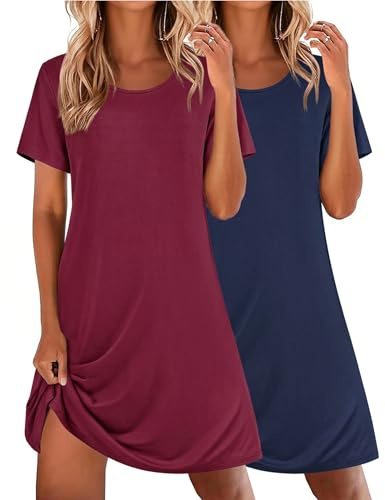 Ekouaer 2 Pack Tshirt Nightgowns for Women Sleepshirt Short Sleeve Night Shirts Soft Sleepwear Night Dress (Navy Blue+Wine Red, XXL)