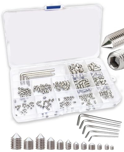 FIXXELY Grub Screws Assorted Set of 240 (M3,M4,M5,M6,M8) Cone Point & Hex Head with 5 Allen Key (M1.5,M2,M2.5,M3,M4) - 304 Stainless Steel Assorted Sizes Ideal for Door Handle, Home Repairs & Fixtures