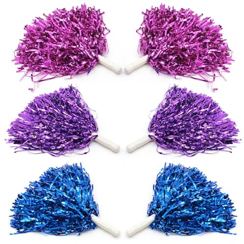 6 Pcs Cheerleading Pom Poms with Handle, Cheerleader Pompoms Hand Flowers, Plastic Cheerleader Cheerleading Party Sports Pompoms for Sports Matches, Stage Performance, Holiday Celebrate (3 Color)