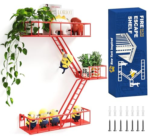 MVPSONAG Fire Escape Shelf - 3 Tier Metal Red Fire Escape Wall Shelves with Baskets, New York Action Figurine Display Shelf, Unique Rustic Floating Decorative Wall Shelves for Any Room
