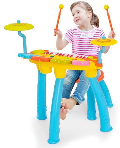 Maxmass Kids Piano and Drum Set, 24-Key Electric Keyboard Drum Kit with 2 Drum Sticks, LED Lights, Headset & Microphone, MP3, Record, Stool, Children Music Instrument Toys Set for Boys Girls (Blue)