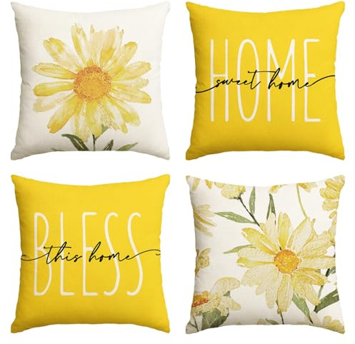 AVOIN colorlife Home Sweet Home Spring Summer Flowers Yellow Throw Pillow Covers, 18 x 18 Inch Cushion Case for Sofa Couch Set of 4