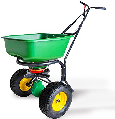 Spandiconcime con trasmissione a terra, seminatrice da giardino con bracciolo ergonomico e grilletto integrati, spargisale con ruote pneumatiche, spargimuschio per piantare, compostaggio