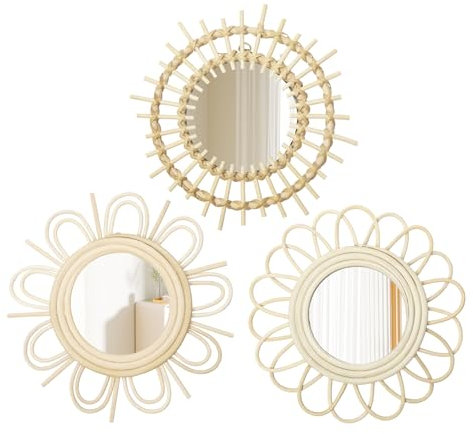 Oairse Set di 3 specchi da parete Soleil Moderni boho decorativi con ganci in metallo, decorazione da parete, per bagno, ingresso, soggiorno, camera da letto