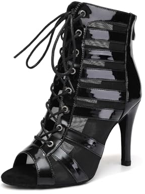 YCALCP Tanzstiefel Damen Latein Peep-Toe Zehe und Schnürung Salsa Tango Bachata Tanzschuhe,DS-K400-QP-Schwarz,9.5 cm Absatz,Wildleder,EU 39
