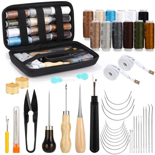 58 PCS Leder Nähset Professionell Leder Werkzeug Ledernähset mit Nähnadeln Polsterreparaturset mit DIY Lederhandwerk Lederwerkzeug Ledernadel Nahtauftrenner Nadel Nähgarn für Reparaturen