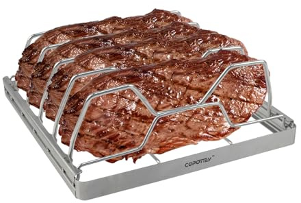 COPOTTEY Stainless Steel Foldable Rib Rack for Smoking - BBQ Accessory for 4 Ribs, Rib Rack for Grills, Smokers, and Outdoor BBQ, Rust-Resistant and Easy to Clean