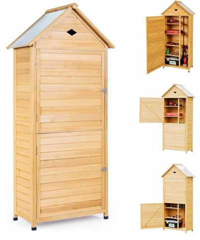 KOMFOTTEU Armoire d’Outils de Jardin en Bois, Portes verrouillables & Toit galvanisé imperméable, Abri de Jardin, 4 Étagères et 1 Placard, Abri pour Outils d'Extérieur, 80 x 40 x 177cm