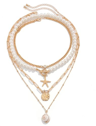 Onperpoe Ocean Charm Necklace Set Shell Necklace Layered Pearl Necklaces for Women Girls Gold Shell Starfish Necklaces Personalized Fashion Jewelry (4 layers)