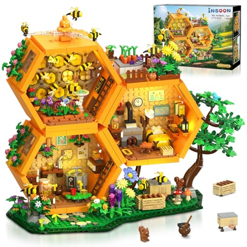 INSOON Bee Farm House Building Set with Lights, 1704PCS Honey Cabin Building Block Toy with Flower Botanical Animals Gift for Mothers Day, Home Decor Treehouse Model Kit for Adults Boys Girls 12+