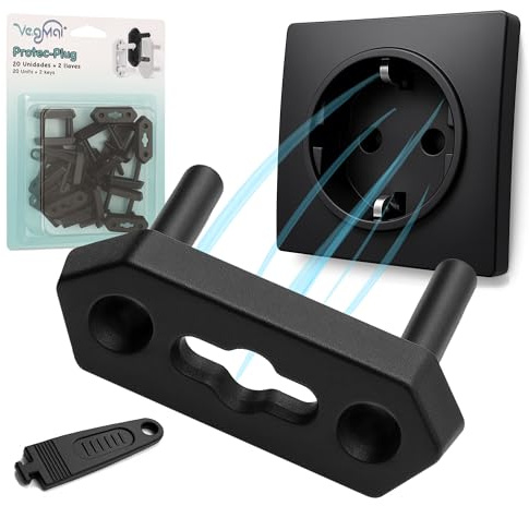 VegMai® Protector Enchufes para Bebés – 20 Tapas Enchufes Universales + 2 Llaves | Cubre Enchufes Seguridad Bebé | Kit Seguridad Compatible Schuko, 10A, 16A. (NEGRO)