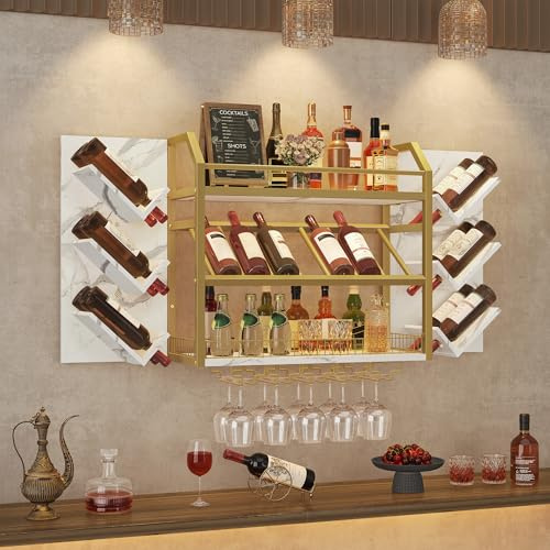 Hoctieon Wall Mounted Wine Rack, 3 Tier Hanging Wine Racks with Glass Holder, Large Capacity Bar Shelves, Metal Wood Bottle Display Storage for Kitchen, Home Bar, Dining Room, Gold & Marbled White