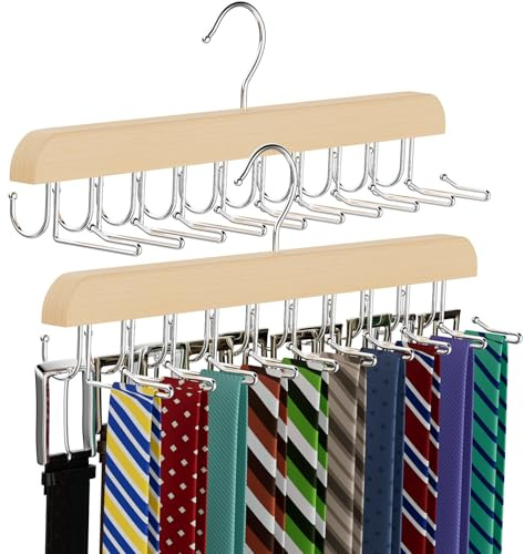 Tie Rack & Belt Hanger 2 in 1 Tie Hanger Space Saving 20 Hooks Hangers for Closet Max 30 Belts with 30 Ties Capacity, Tie Racks Wooden Hangers for Closet Organizer Storage (1, Wood)