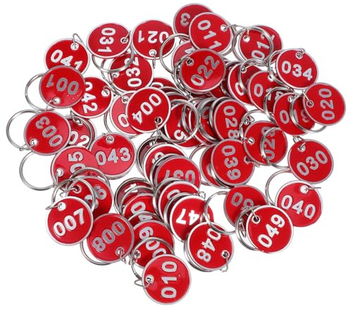 AUTSUPPL Etichette Metalliche Rotonde Numerate da 1 a 50 Portachiavi Targhette Numerate in Metallo Resistenti per Gestione Code Tavoli Bar e Guardaroba Set da 50 Pezzi Rosso