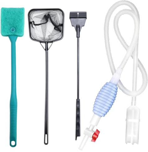 Mulmsauger Aquarium Handpumpe Mulmglocke Kies Reinigungsset Sauger Wasserwechsel, Aquarium sauger bodengrund reinigen Zubehör Enthält Algenputzer, Teichsauger, Kescher klein, Algenbürste