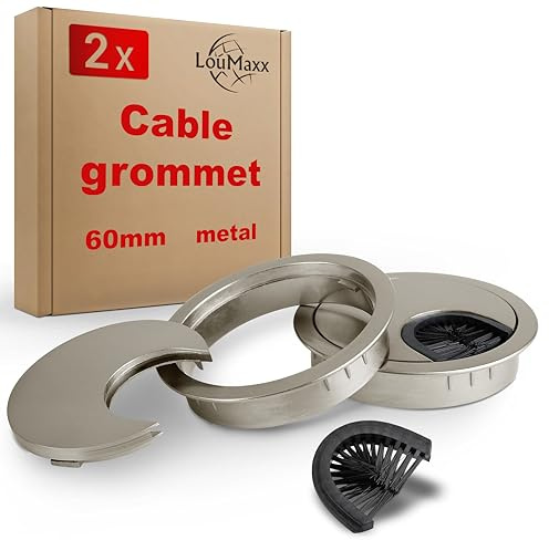 LouMaxx Kabelgenomföring skrivbord 60 mm - 2 stycken kabelgenomföring av metall matt nickel med dammtätning - skrivbordskabel för ordning och översikt på arbetsplatsen