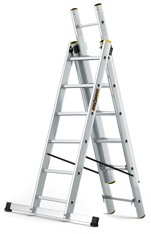 DRABEST Leiter PRO Serie Aluleiter 3-teilig Mehrzweckleiter 3x6 Stufen Leiter Multifunktionsleiter Kombileiter bis 150 kg Beslastbar - Arbeitshöhe 4,43 m - inkl. Eimerhaken