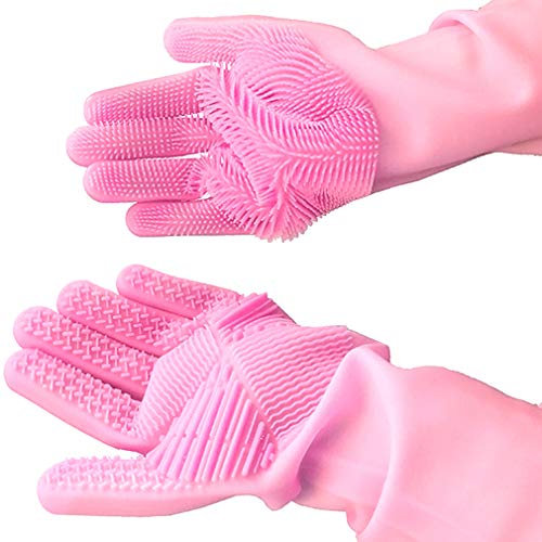 Geschirrhandschuhe, Reinigen Silikon-Spülhandschuhe, Silikon Handschuhe, Magische Handschuhe, Gummi-Handschuh für die Haushalt, Hitzebeständige Handschuhe für Küche, Bad, Auto ( Pink, 1 Paar, Groß )