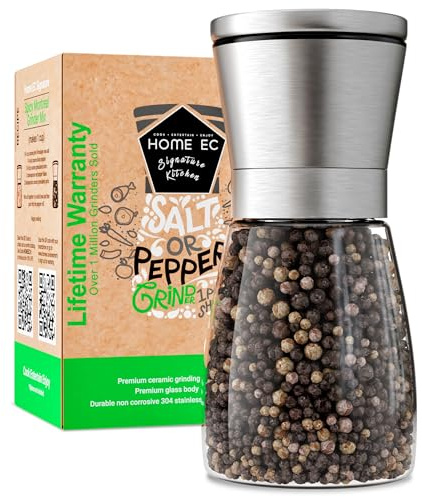 HOME EC Original Stainless Steel Salt or Pepper Grinder 1pk - Adjustable Ceramic Sea Salt Grinder or Pepper Mill - Tall Glass Spice Shaker - Spice Mill w/EBook