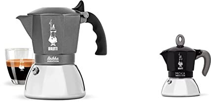 Bialetti Caffettiera Brikka Induction, 4 Tazze, 160 ml, Espresso Cremoso come al Bar, Adatta a Tutti i piani cottura & Caffettiera Moka Induction, 2 Tazze (100 ml), Nero
