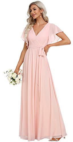 Ever-Pretty Robe Demoiselle d'honneur Femme Longue Col V Mousseline A Line Manches Courtes Plissé Chic Rose Clair 36