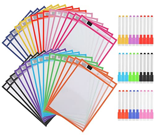 Wisboey 30Dry Erase Pockets Pockets Perfekte Organisation Klassenzimmer Wiederverwendbare Dry Erase Pockets Unterrichtsmaterial