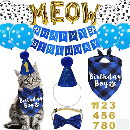 JOTFA Cat Birthday Party Supplies, Cat Birthday Hat with Number Bandana Bow Tie Banner Balloons Meow Letter Balloons for Cats Kittens Decorations