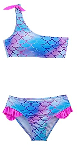 Gum & Berries Bikini a Due Pezzi per Ragazze, Costume da Bagno Monospalla Stampato a Squame di Pesce, Costumi da Bagno Estivi da Spiaggia per Le Vacanze Squama di Pesce Blu Una Spalla 4 Anni