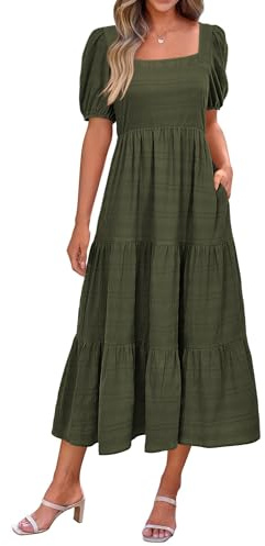 PRETTYGARDEN Womens Dresses Spring Elegant Short Sleeve Square Neck Smocked Loose Fit Plain Maternity Dress with Pockets(Army Green,Small)