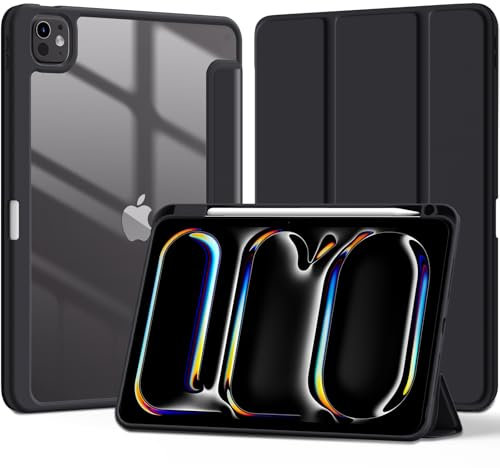 Maledan Transparenter Hülle für iPad Pro 11 Zoll 2024 M4 mit Stifthalter, Klarer PC Rücken Flexible TPU Rahmen Schutzhülle Auto Schlafen/Wachen, Unterstützung Apple Pencil Pro/USB-C, Schwarz