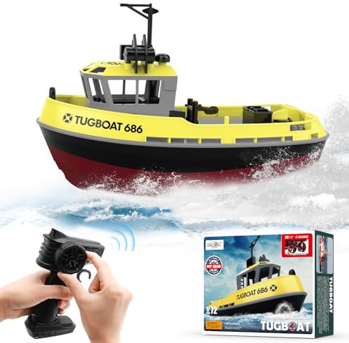 fisca Ferngesteuertes Boot - 1/72 Hochgeschwindigkeits-RC-Boot für Pools und Seen, RC-Schlepper mit 40 Minuten Spielzeit und Batterie-Erinnerung für Kinder und Erwachsene (Gelb)