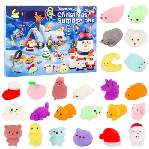 Mochi Squishy adventskalender 2025, mochi adventskalender squishy toys jul 24 dagar nedräkning kalender, 24 mochi squishies, mochi jultomte mochi presenter för pojkar flickor