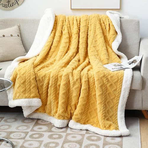 GREATOYAR Manta de Franela y Borreguillo Reversible, Premium Microfiber Polyester para Cama Sofá, Suave Cómoda, Cálida Esponjosa, Patrón Japonés, Amarillo, 130x160cm