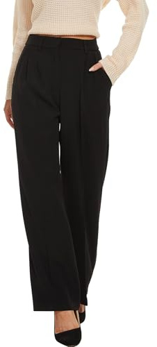 MeeQee Pantaloni Donna Sciolto Gamba Dritta Palazzo Pantalone Vita Alta Elastico Eleganti Pantaloni Lunghi con Tasche per Business, Casual
